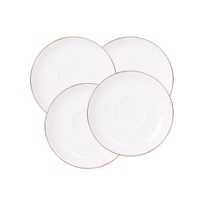 Set de 4 platillos de porcelana blanca de 15cm con borde dorado, ideales para servir aperitivos y postres en ocasiones especiales.-1-1-1-1