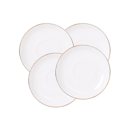 Set de 4 platillos de porcelana blanca de 15cm con borde dorado, ideales para servir aperitivos y postres en ocasiones especiales.-1-1-1-1