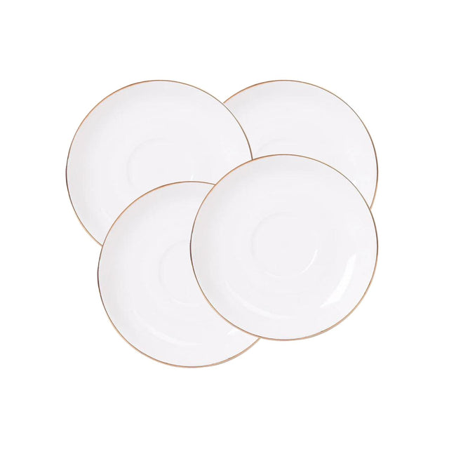 Set de 4 platillos de porcelana blanca de 15cm con borde dorado, ideales para servir aperitivos y postres en ocasiones especiales.-1-1-1-1