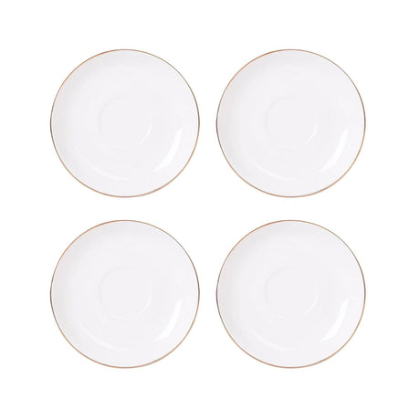 Set de 4 platillos de porcelana blanca de 15cm con borde dorado, ideales para servir aperitivos y postres en ocasiones especiales.-2