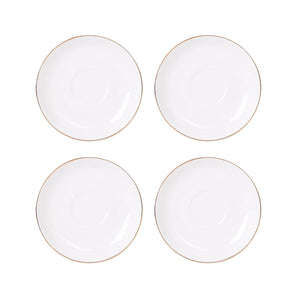 Set de 4 platillos de porcelana blanca de 15cm con borde dorado, ideales para servir aperitivos y postres en ocasiones especiales.-1-2-1-1
