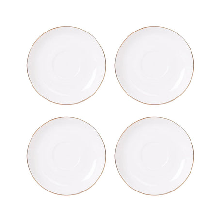 Set de 4 platillos de porcelana blanca de 15cm con borde dorado, ideales para servir aperitivos y postres en ocasiones especiales.-1-2-1-1