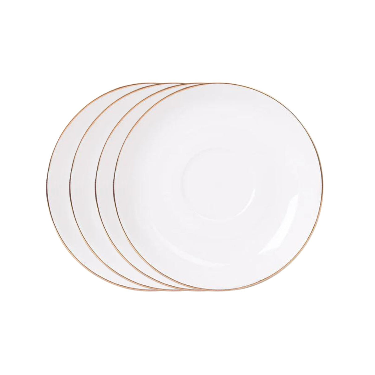 Set de 4 platillos de porcelana blanca de 15cm con borde dorado, ideales para servir aperitivos y postres en ocasiones especiales.-4