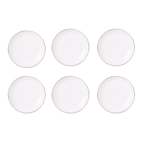 Set de 6 platillos de porcelana blanca de 15 cm con borde dorado, ideales para servir aperitivos y postres en eventos formales.-5