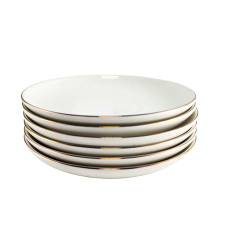 Set de 6 platillos de porcelana blanca de 15 cm con borde dorado, ideales para servir aperitivos y postres en eventos formales.-6