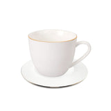 Set de taza y platillo de porcelana blanca con borde dorado, ideal para café y té. Elegante y duradero, perfecto para ocasiones especiales.-1