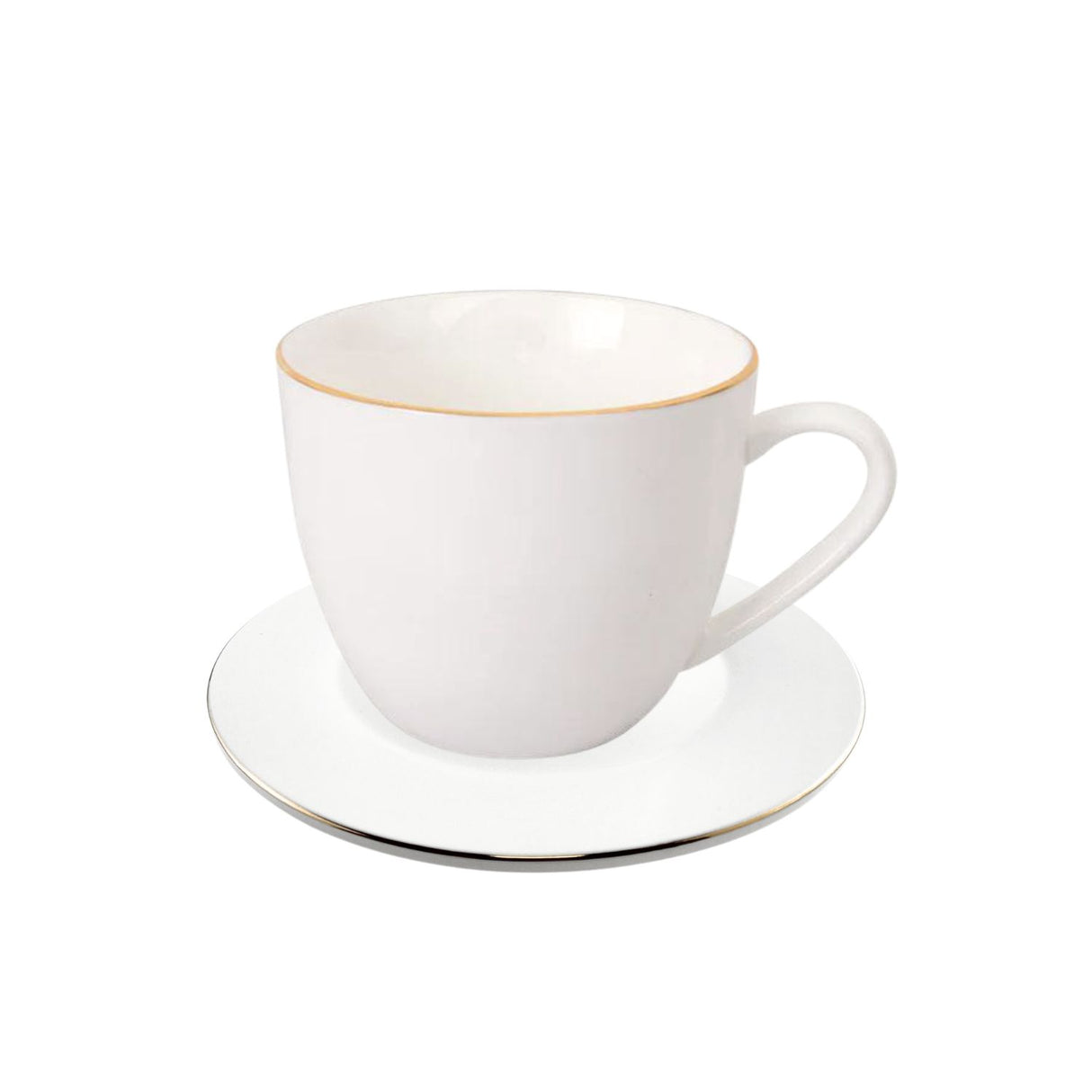 Set de taza y platillo de porcelana blanca con borde dorado, ideal para café y té. Elegante y duradero, perfecto para ocasiones especiales.-1-1-1-1