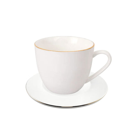 Set de taza y platillo de porcelana blanca con borde dorado, ideal para café y té. Elegante y duradero, perfecto para ocasiones especiales.-1-1-1-1