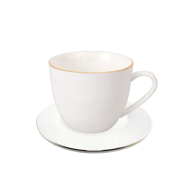 Set de taza y platillo de porcelana blanca con borde dorado, ideal para café y té. Elegante y duradero, perfecto para ocasiones especiales.-1-1-1-1