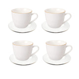 Set de 4 tazas de porcelana blanca con platillos y borde dorado, ideal para café y té, apto para lavavajillas y resistente al uso diario.-1