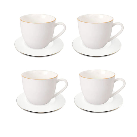 Set de 4 tazas de porcelana blanca con platillos y borde dorado, ideal para café y té, apto para lavavajillas y resistente al uso diario.-1