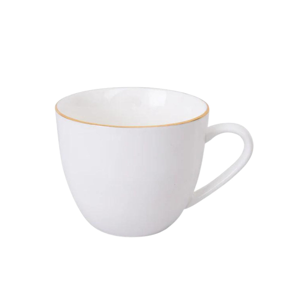 Set de 4 tazas de porcelana blanca con platillos y borde dorado, ideal para café y té, apto para lavavajillas y resistente al uso diario.-2