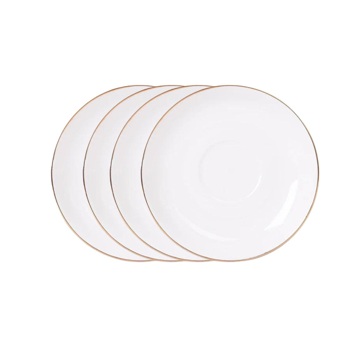 Set de 4 tazas de porcelana blanca con platillos y borde dorado, ideal para café y té, apto para lavavajillas y resistente al uso diario.-3