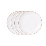 Set de 4 tazas de porcelana blanca con platillos y borde dorado, ideal para café y té, apto para lavavajillas y resistente al uso diario.-3