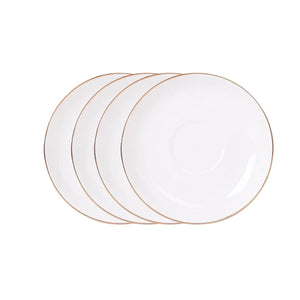 Set de 4 tazas de porcelana blanca con platillos y borde dorado, ideal para café y té, apto para lavavajillas y resistente al uso diario.-1-3-1-1
