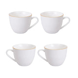 Set de 4 tazas de porcelana blanca con platillos y borde dorado, ideal para café y té, apto para lavavajillas y resistente al uso diario.-4