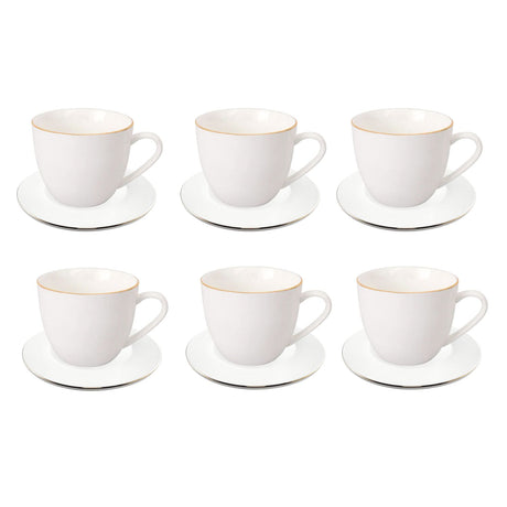 Set de 6 tazas de porcelana blanca con platillos y borde dorado, ideal para café y té, apto para lavavajillas, elegante y funcional.-2