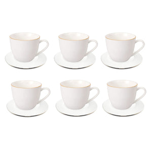 Set de 6 tazas de porcelana blanca con platillos y borde dorado, ideal para café y té, apto para lavavajillas, elegante y funcional.-2-2-1-1