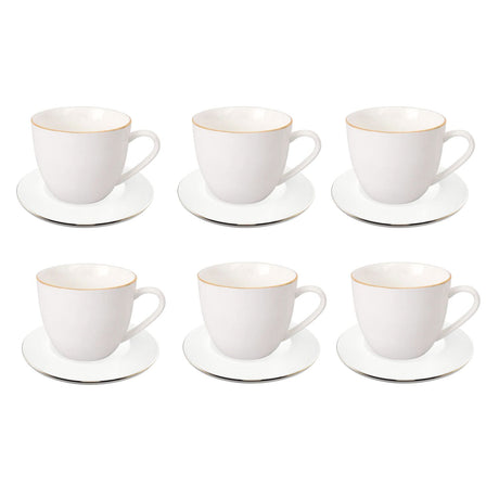 Set de 6 tazas de porcelana blanca con platillos y borde dorado, ideal para café y té, apto para lavavajillas, elegante y funcional.-2-2-1-1