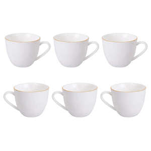 Set de 6 tazas de porcelana blanca con platillos y borde dorado, ideal para café y té, apto para lavavajillas, elegante y funcional.-2-4-1-1