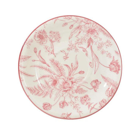 Platillo de porcelana blanco con borde rose de 16cm, ideal para servir aperitivos y postres, apto para microondas y lavavajillas.-1