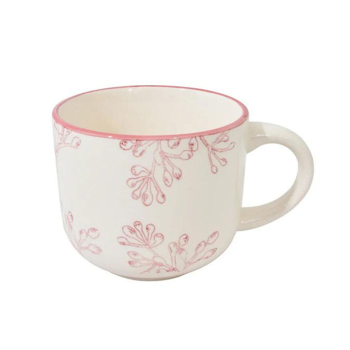 Taza de té de porcelana blanca de 350ml con borde rose, ergonómica y resistente, ideal para bebidas calientes en casa o la oficina.-1