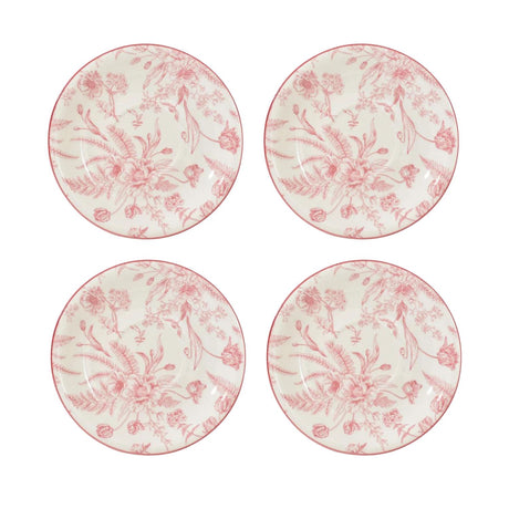 Set de 4 platillos de porcelana blanca con diseño floral rosado, ideales para servir aperitivos y postres, aptos para microondas y lavavajillas.-2