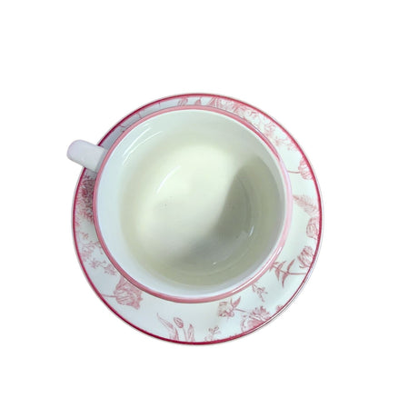 Set de taza y platillo Royal de porcelana, diseño floral en rosa y verde, ideal para café y té, apto para microondas y lavavajillas.-2-1-1-1