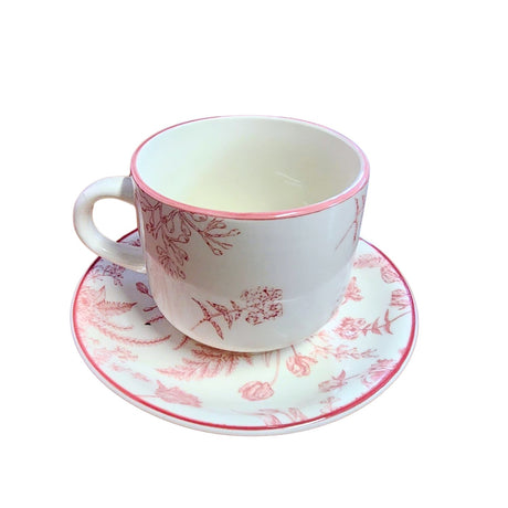 Set de taza y platillo Royal de porcelana, diseño floral en rosa y verde, ideal para café y té, apto para microondas y lavavajillas.-2