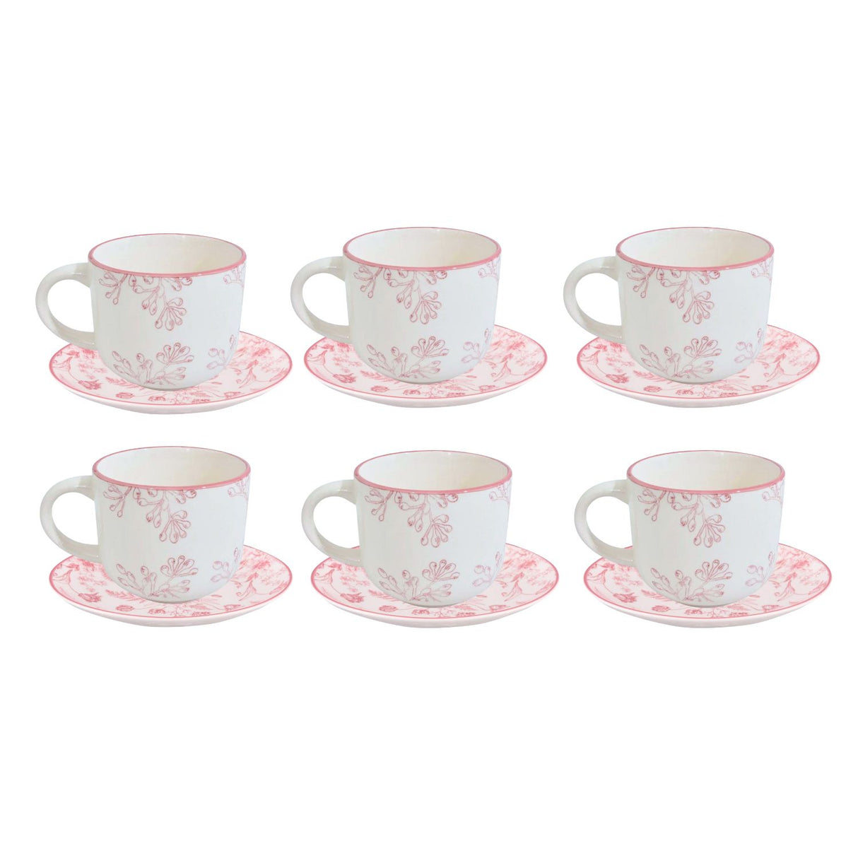 Set de 6 tazas de porcelana blanca con platillos, diseño de rosas, 260mL, apto para microondas y lavavajillas, ideal para café y té.-3