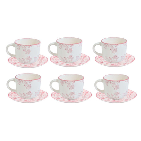 Set de 6 tazas de porcelana blanca con platillos, diseño de rosas, 260mL, apto para microondas y lavavajillas, ideal para café y té.-3