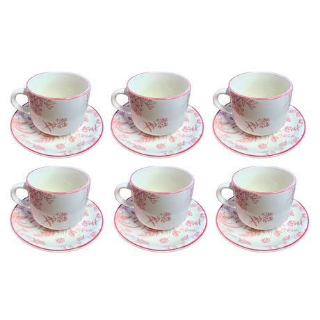 Set de 6 tazas de porcelana blanca con platillos, diseño de rosas, 260mL, apto para microondas y lavavajillas, ideal para café y té.-4