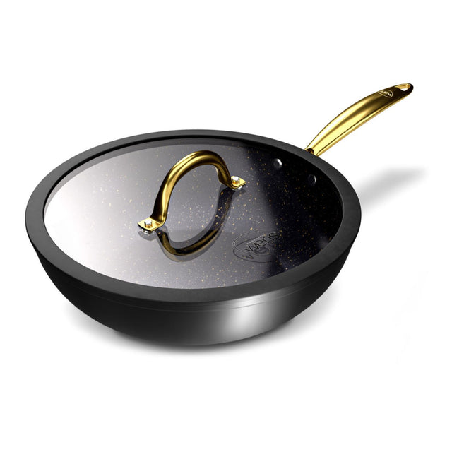 Wok Wens Golden Series 28cm, aluminio forjado, recubrimiento antiadherente Pfluon, tapa de vidrio, mango Cool Touch dorado. Ideal para salteados.-2-1-1-1
