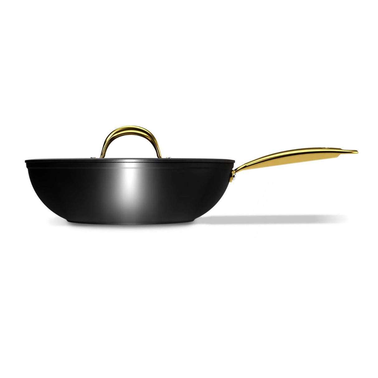 Wok Wens Golden Series 28cm, aluminio forjado, recubrimiento antiadherente Pfluon, tapa de vidrio, mango Cool Touch dorado. Ideal para salteados.-3