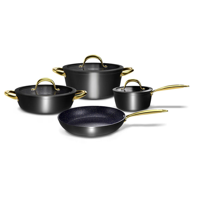 Batería de cocina Wens Golden Series, 7 piezas de aluminio forjado negro con incrustaciones doradas y recubrimiento antiadherente Pfluon.-1-1-1-1