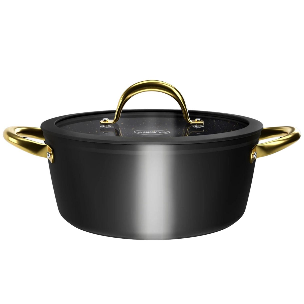 Batería de cocina Wens Golden Series, 7 piezas de aluminio forjado negro con incrustaciones doradas y recubrimiento antiadherente Pfluon.-1-3-1-1