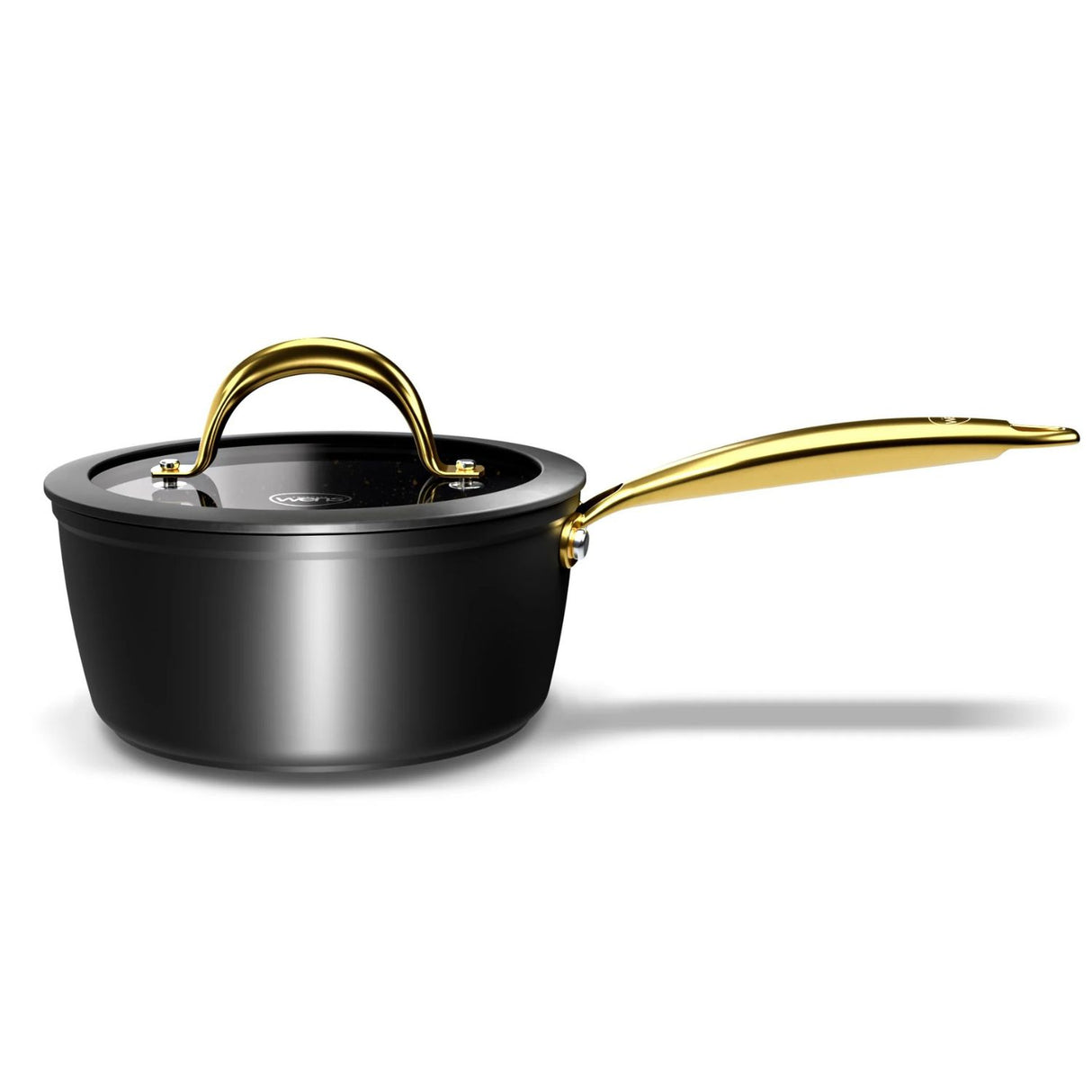 Batería de cocina Wens Golden Series, 7 piezas de aluminio forjado negro con incrustaciones doradas y recubrimiento antiadherente Pfluon.-1-4-1-1