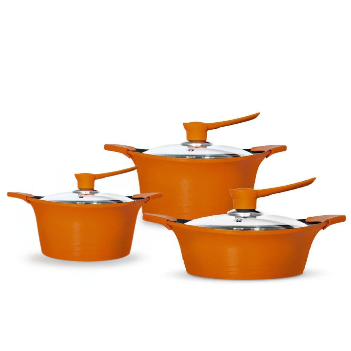 Batería de cocina Bohlier de 6 piezas en aluminio fundido naranja, con recubrimiento antiadherente y tapas de vidrio templado, ideal para cocinar saludablemente.-1