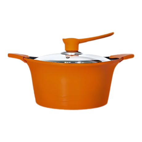 Batería de cocina Bohlier de 6 piezas en aluminio fundido naranja, con recubrimiento antiadherente y tapas de vidrio templado, ideal para cocinar saludablemente.-2