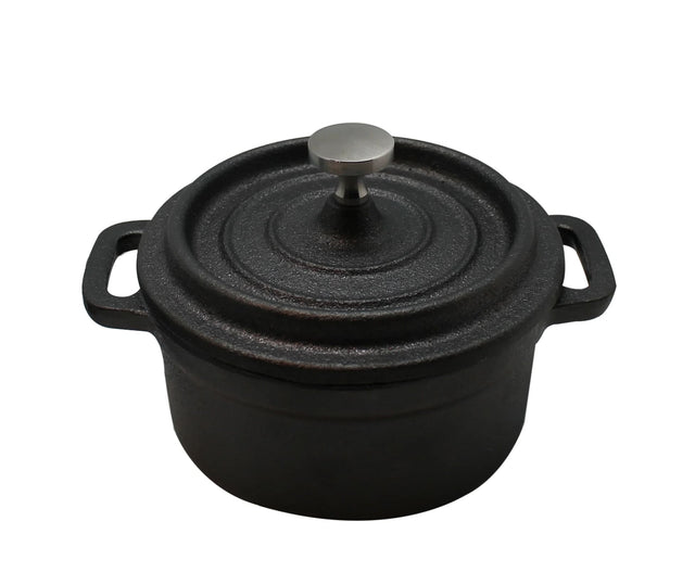Mini olla cacerola Wayu de hierro fundido, 10 cm, color oscuro, ideal para guisos y presentación en mesa, resistente hasta 537°C.-1-1-1-1