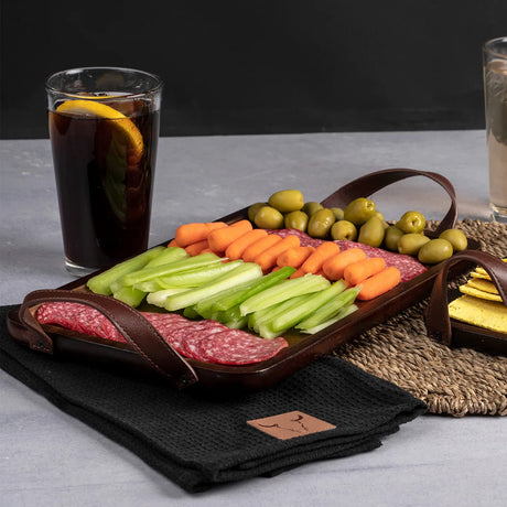 Bandeja Para Picoteo Asado 28x14cm Con Agarre De Cuero Wayu