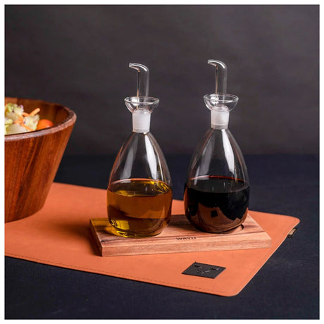 Set 2 Alcuza Vidrio Base Madera Wayu Cocina Accesorios