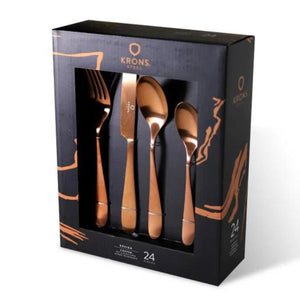 Set de cubiertos de 24 piezas en acero inoxidable con acabado cobre. Elegancia y durabilidad para tu mesa. ¡Compra hoy y transforma tus comidas!-1-1
