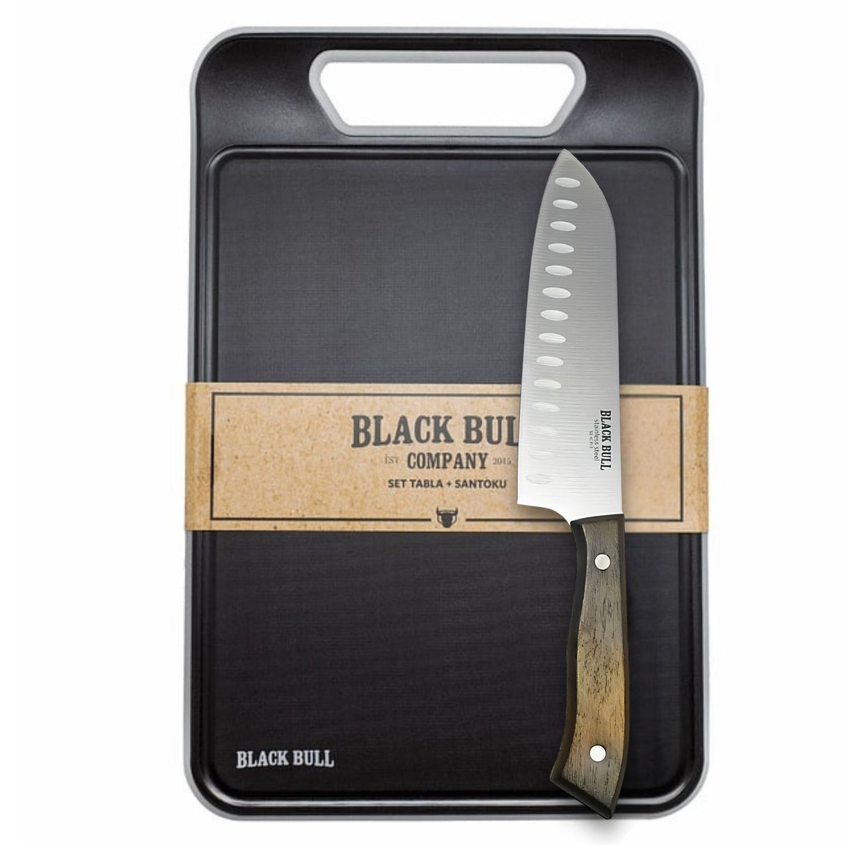 Set Tabla Fibra Trigo y Santoku 30cm Acero Black Bull Disfruta de una cocina eficiente y elegante. Mejora tus habilidades culinarias hoy mismo.-1