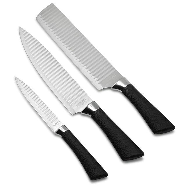 Set de 3 cuchillos Wave Black Bull en acero inoxidable, antiadherentes y ergonómicos, ideales para cortar y picar alimentos con precisión.-1-1-1-1