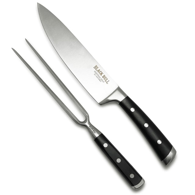 Set Carving Platinum Black Bull: cuchillo de acero inoxidable de 36 cm y tenedor de 32 cm, ideal para tallar y servir carnes con estilo.-1