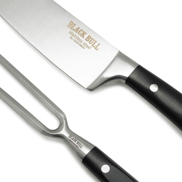 Set Carving Platinum Black Bull: cuchillo de acero inoxidable de 36 cm y tenedor de 32 cm, ideal para tallar y servir carnes con estilo.-2