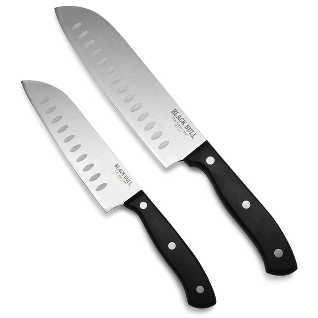 Set de cuchillos Santoku negro, acero inoxidable, 5 y 7", mango ergonómico, ideal para cortes precisos en cocina."-1