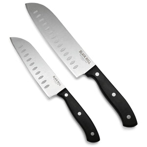 Set de cuchillos Santoku negro, acero inoxidable, 5 y 7", mango ergonómico, ideal para cortes precisos en cocina."-1-1-1-1