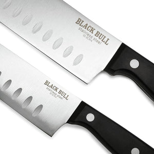 Set de cuchillos Santoku negro, acero inoxidable, 5 y 7", mango ergonómico, ideal para cortes precisos en cocina."-1-2-1-1
